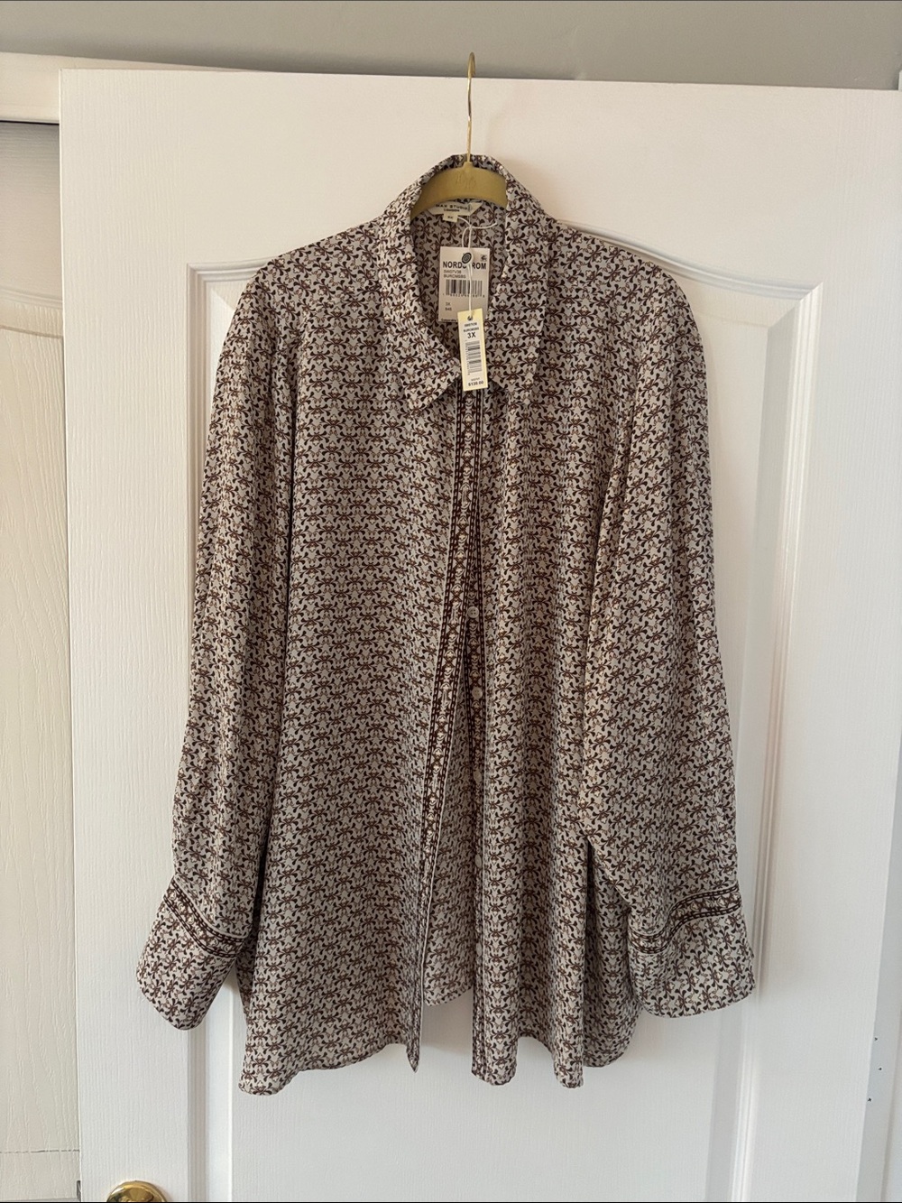 Max Studio Brown and Cream Button-Down Print Blouse with Border Details SZ 3X